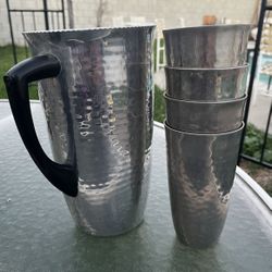 Mid Century Hammered Aluminum Metal Pitcher & Cups, Set of 5