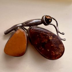 Vintage Brooch Amber Stones Marked 925 Butterfly 