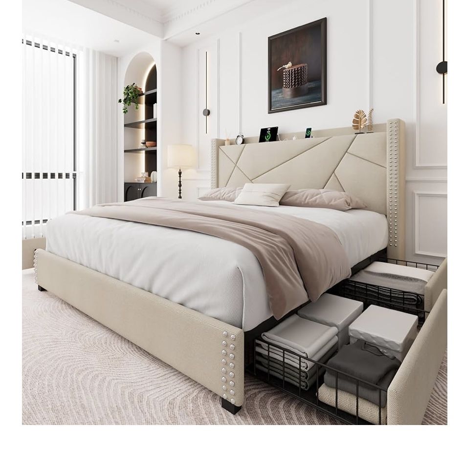 Feonase Queen Bed Frame with 4 Storage Drawers, Upholstered Platform Bed Frame with Charging Station & Wingback Headboard, Solid Wood Slats Support, N
