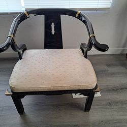 James Mont Chinoiserie Black Laquer Armchairs Pair