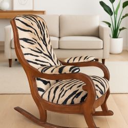 Vintage Boho Rocking Chair – Solid Wood Frame, Zebra Print Upholstery, Safari-Inspired Accent Chair