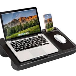 LAPGEAR Home Office Lap Desk with Device Ledge, Mouse Pad, and Phone Holder - Black Carbon - Fits up to 15.6 Inch Laptops - Style No. 91588  Open to o