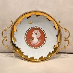 Brand New Elegant Porcelain Bowl Featuring a Classical Portrait And Gold Accents.