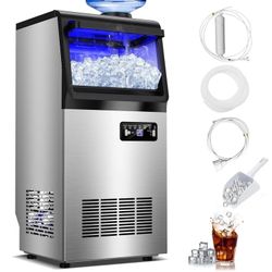 Commercial Ice Maker, 45 Cubes in 15 Mins! 110lbs/24H, 37lbs Storage Bin | Self-Cleaning, LED Display | Heavy-Duty for Restaurant, Bar, Office