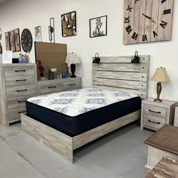 White King Size Panel Bed with Mirrored Dresser, Chest and Nightstands • Storage Drawers 