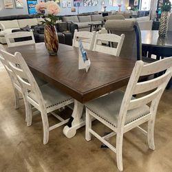 Valebeck Beige/White Dining Table and 6 Chairs
