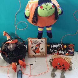 Halloween items: 2 trick or Treat baskets, decor, string light, seating pumpkin