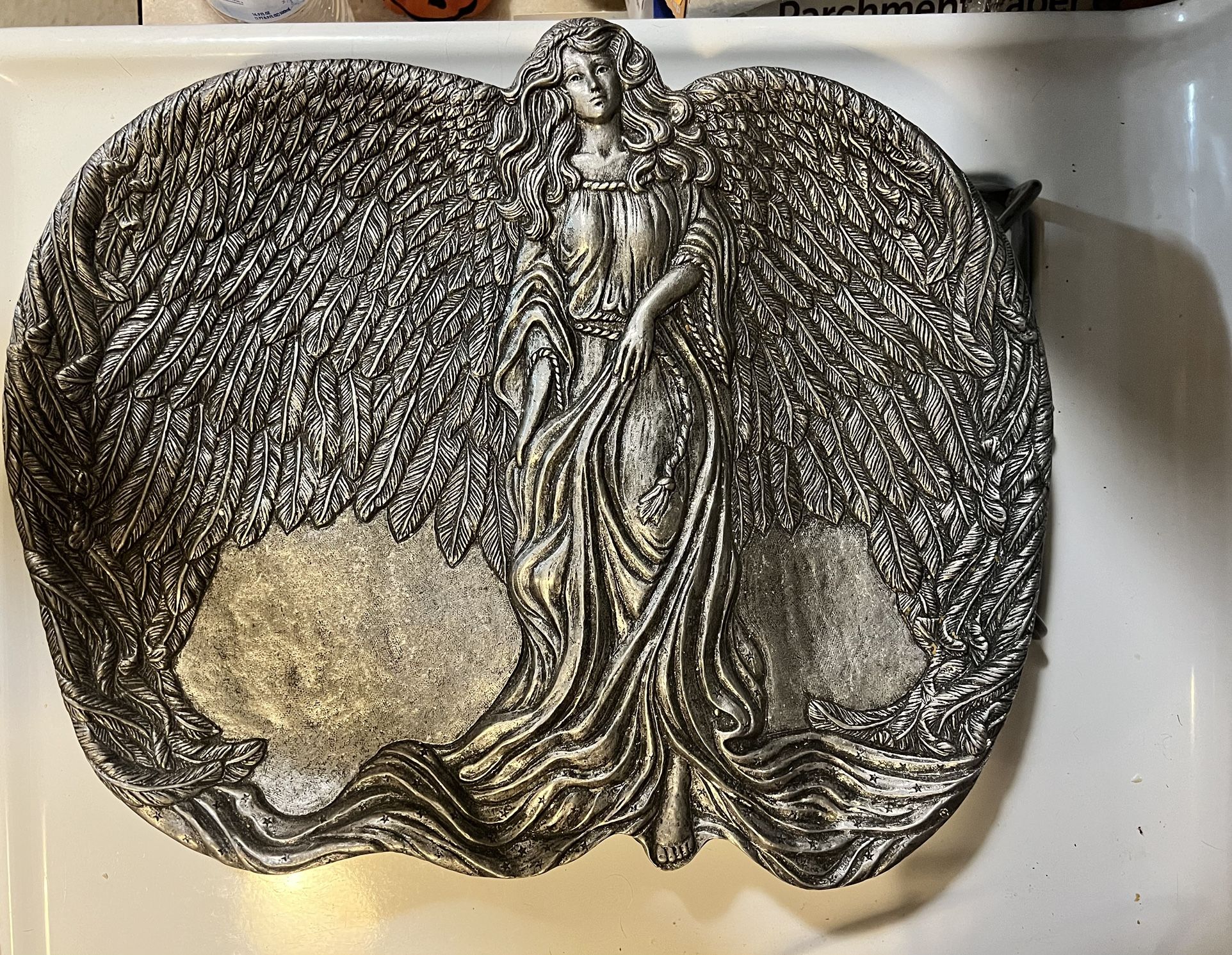 Vintage Carson Heavy Solid Pewter serving tray Christmas Footed Angel Platter Signed 1995 Carson Religious Christian Spiritual Plate