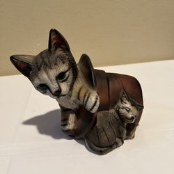 Vintage Cat Figurine Mom Cat In Hat and Kitten Bisque Porcelain