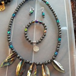 Necklace hematite and Abalone matching necklace and bracelet with earrings