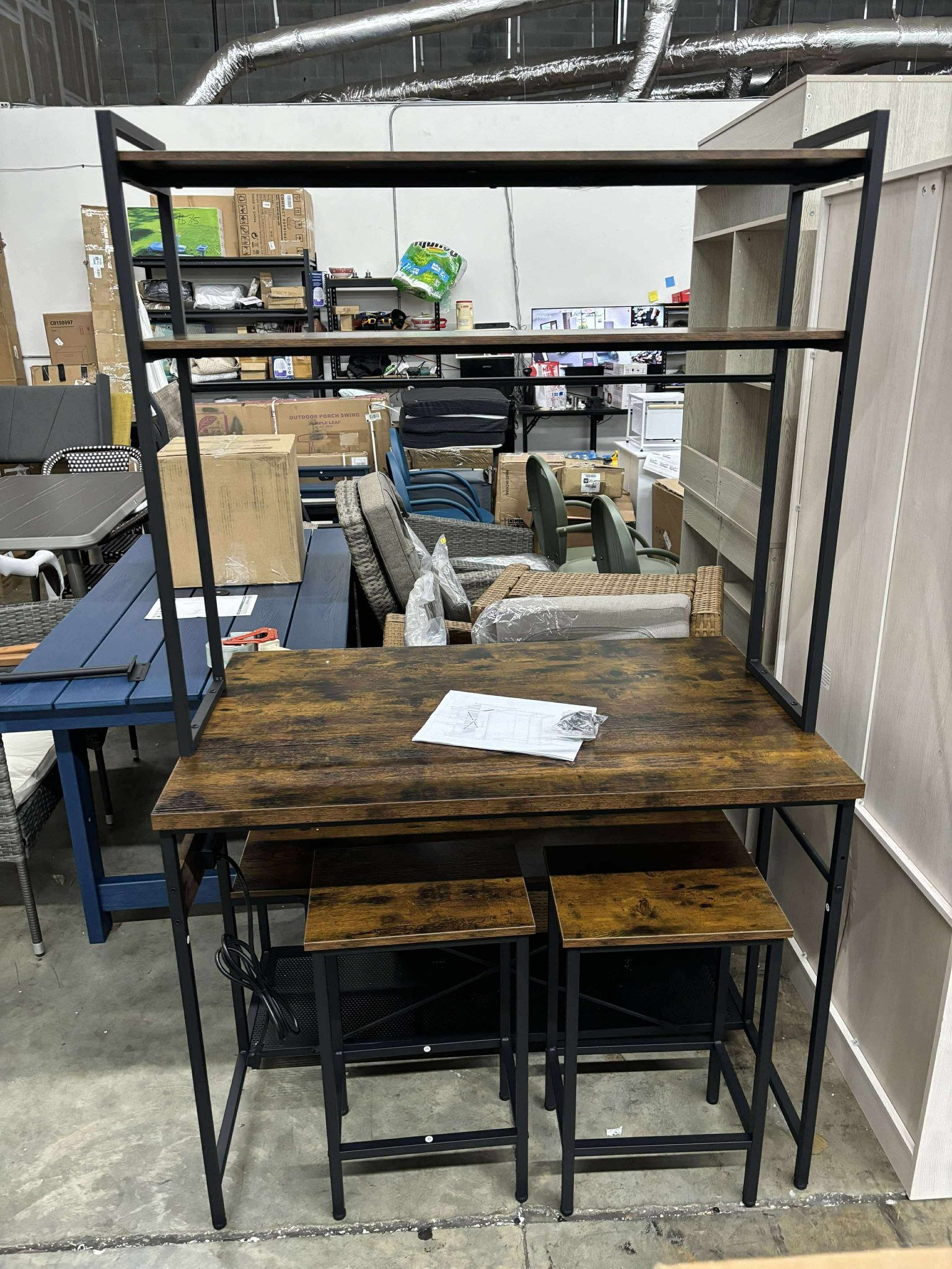 Kitchen Island with Stools, Dining Table Set with Storage and Power Outlet, Industrial Coffee Bar Table