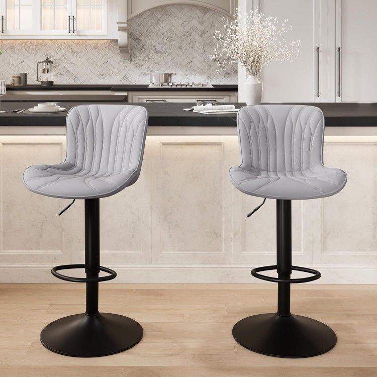 Grey Bar Stools Set of 2 Modern Kitchen Counter Height Bar Chairs with Backs Faux Leather Upholstered Barstools Swivel Tall Adjustable Padded Breakfas