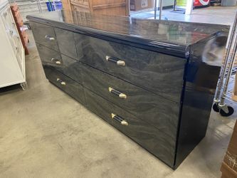 Vintage 80’s Black Laquered and Marble Style Laminate 6 Drawer Dresser with Unique Hardware