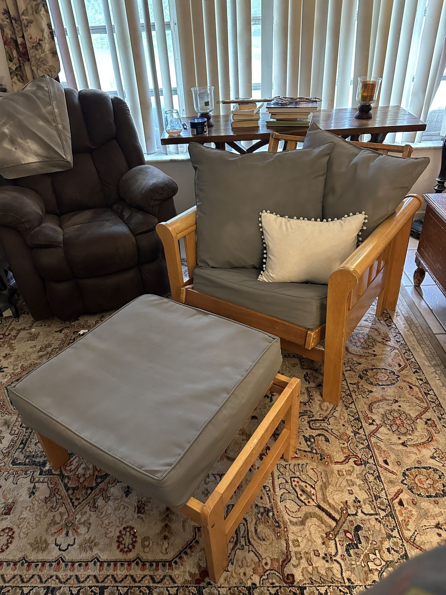 Solid Wood Chair With Ottoman, And Cushions