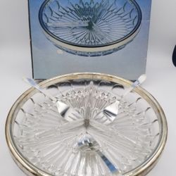 Leonard 3 Sectional Crystal Relish Dish And 3 Forks Trimmed with Silver Plating‼️