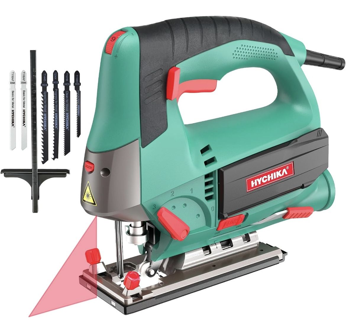 152-HYCHIKA Jig saw, 6.7A Jig Saw SPM with 6 Variable Speeds, 4 Orbital Sets, Bevel Angle 45°, 6PCS Blades, Pure Copper Motor, Laser Guide, Wo