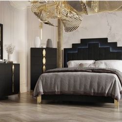 4PCS BEDROOM SET BLACK / GOLD WIT LED ON HEADBOARD (NC)QUEEN $799 EK $849  DELIVER AVAILABLE  