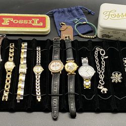Fossil Lot of 7 Watches Assorted Jewelry and 2 Tins