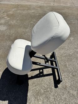 Ergonomic Kneeling Chair with Backrest – $29 Beautiful white ergonomic kneeling chair with a sturdy black metal frame.