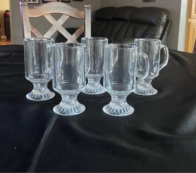 Set of 5 Vintage Clear Glass Footed Irish Coffee Mugs - 8 oz Pedestal Hot Chocolate Glasses