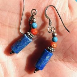 Genuine sterling silver earrings with lapis lazuli, turquoise, and red coral beads $5 FLAT FEE US SHIPPING