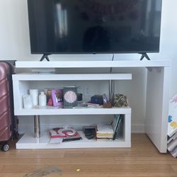 WHITE TV STAND W/ SWIVEL PULL OUT SHELF 