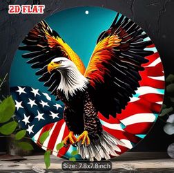 2D Flat - One-Piece 2D Flat Decorative Plaques Featuring a Bald Eagle, Round Aluminum Sign, Patriotic Design, Rustic Metal Wall Art with The American 