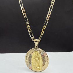 14k Solid Gold Three Tone Figaro Chain And Virgen Maria Charm, Necklance Gold Pendant