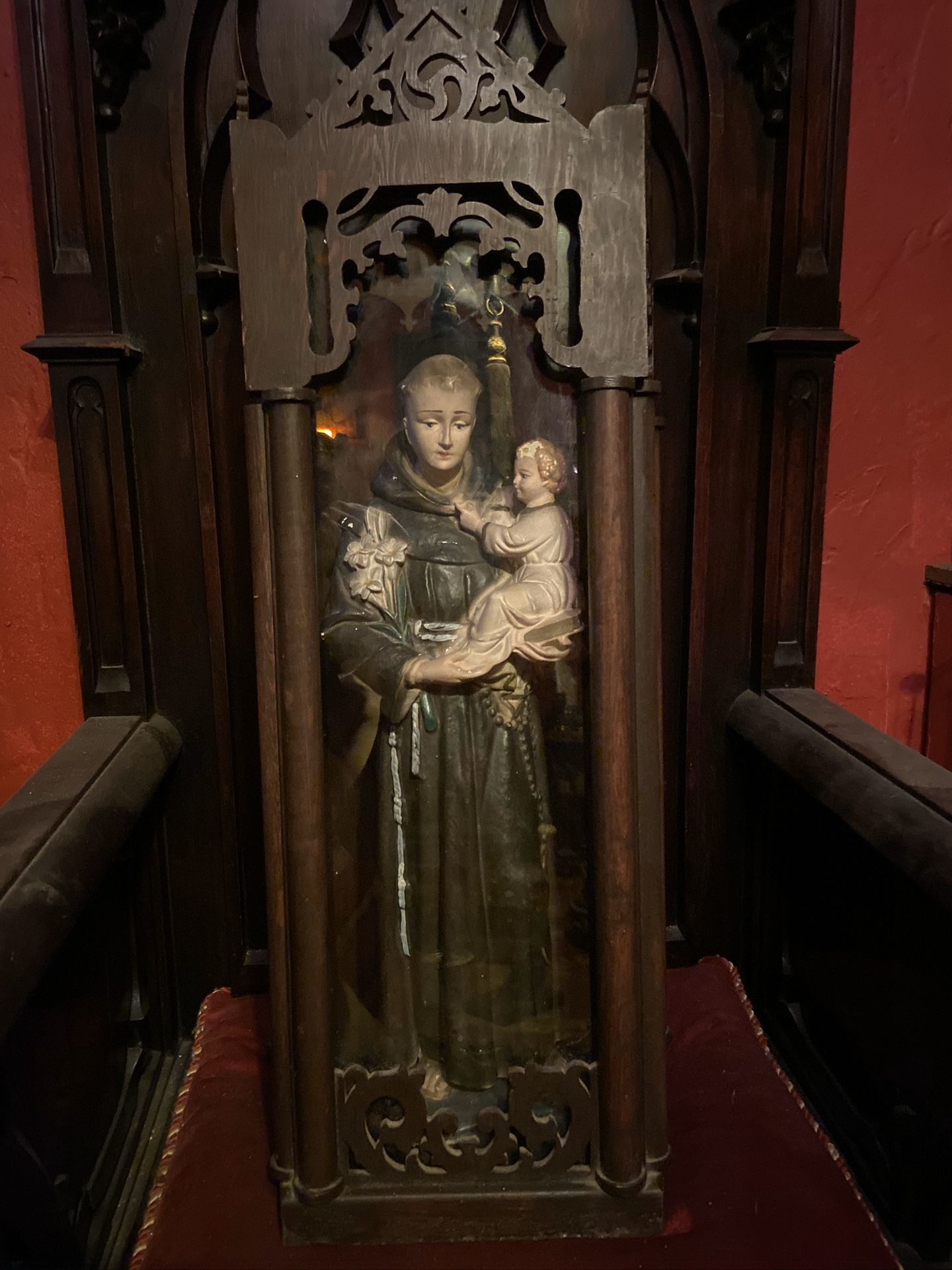 Antique Religious Statue In The Wooden Gothic Box Saint Altar Church
