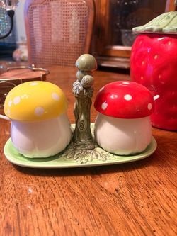 Vintage Mushroom spice jars with spoons and holder