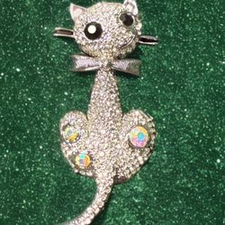 JJ Fantasia 1990s Cat Brooch Silver & Aurora Borealis Rhinestones, NWT, 1.5x4.5”