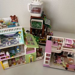 Lot bundle 3 building block bricks puzzle boy girl toys sets. House, bears, bedroom, coffee shop (not Lego)