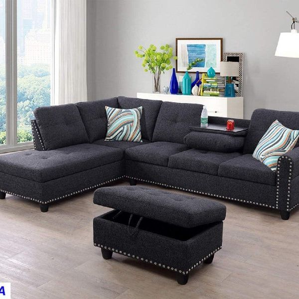 New Stock Black Gray Linen Sectional With Cup Holders Pillows And Storage Ottoman
