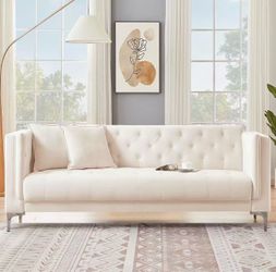 79'' Mid-Century Modern Sofa for Living Room, 3 Seater Sofa with Deep Seats and 2 Pillows, Handmade Button Tufted Velvet Couch for Apartment | Office 