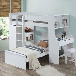 White Twin Loft Bed w/ Twin Bed & Desk & Wardrobe & Chair 