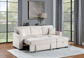 Brand New Beige Corduroy Sectional Sofa Storage Sleeper