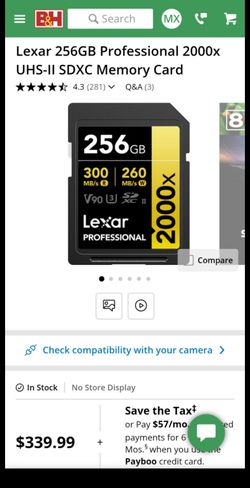 Lexar 256GB v90 sd card Professional 2000x UHS-II SDXC