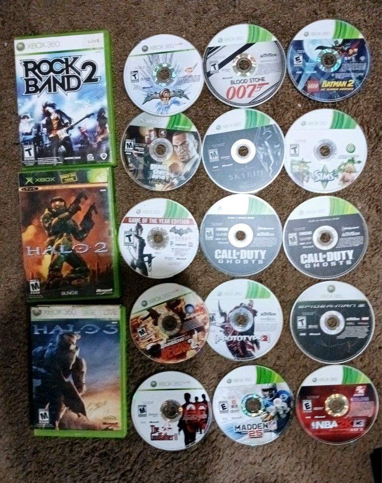 18 Xbox 360 Games Plus Halo 2( Original X Box) And Halo 3, Rock Band 2 Call Of Duty, Madden NBA, More
