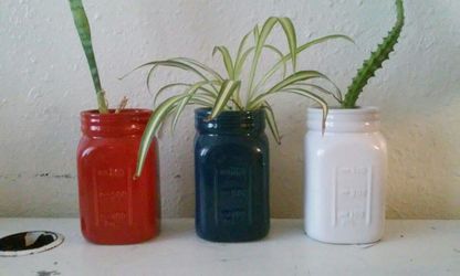 Red white and blue mason jar planters