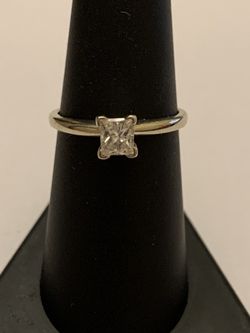 14K White Gold Solitaire Engagement Ring .51 ct Princess Cut Diamond Size 7