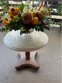Vintage Round Marble Top Pedestal End Side Table Wood Base White/Brown 17x16