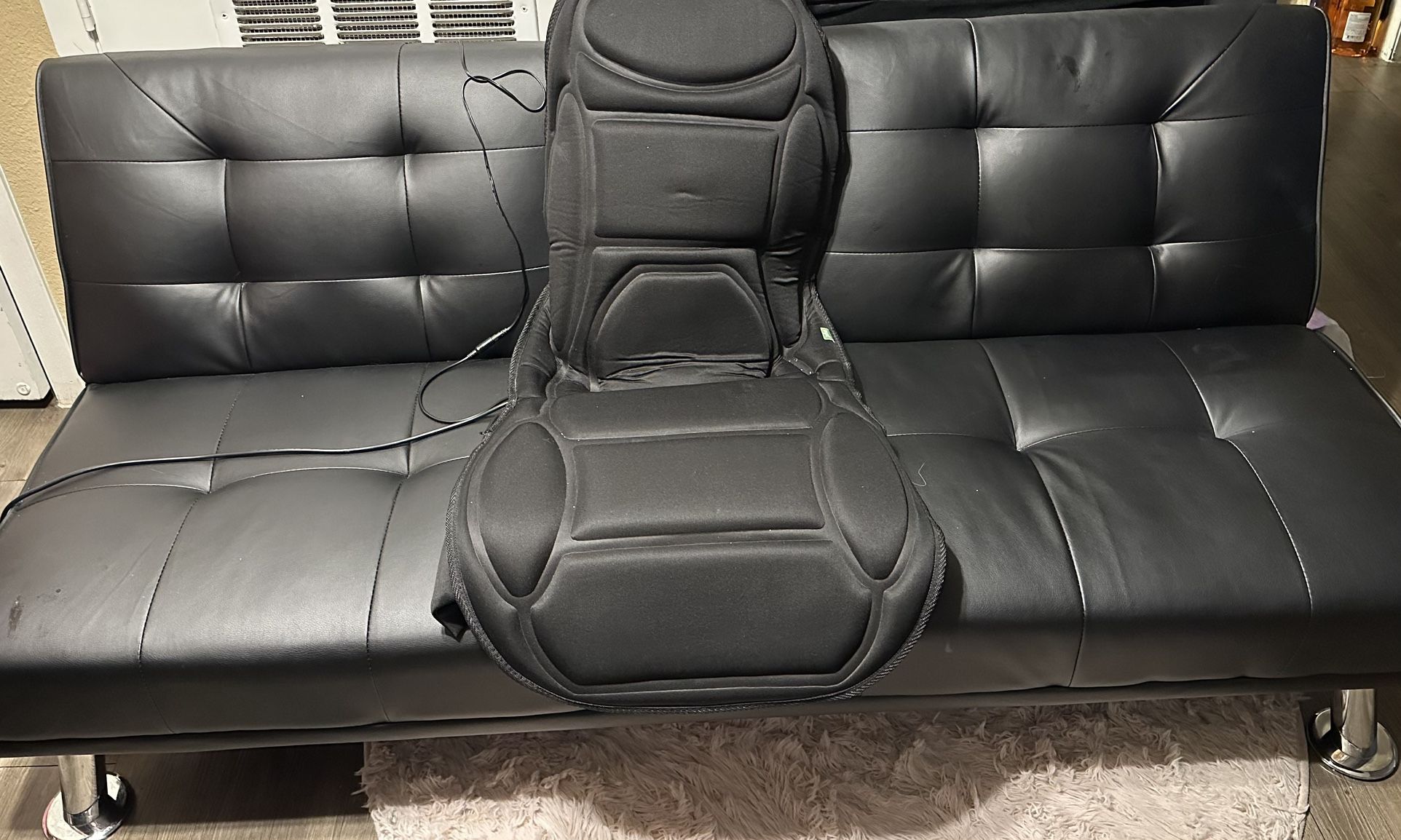 Black Leather Futon  Couch With Cup Holders 