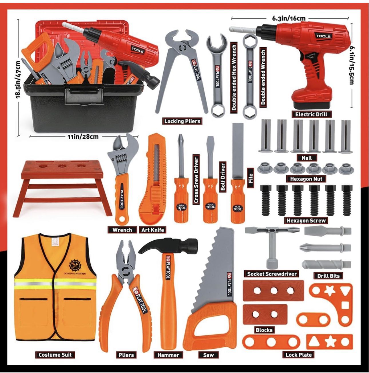 BRAND NEW 50 PCS Construction Toys Set with Tool Box & Electronic Toy Drill