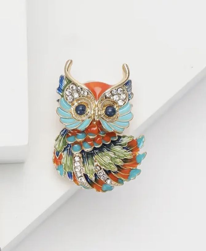 Brand New Luxury 14K Gold Plated Rhinestone Enamel Mosaic Owl Brooch Pin