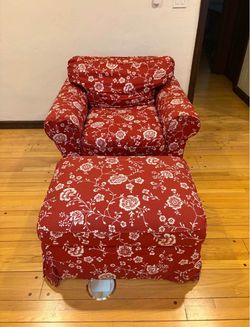Red Floral Armchair with Ottoman Set