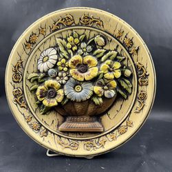 1950's Bouquet Of Flowers In Vase Ceramic Raised Relief Chalkware Wall Decor Plate—Japan 