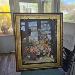 Vintage floral wall  print gold frame "Still life Bouquet"