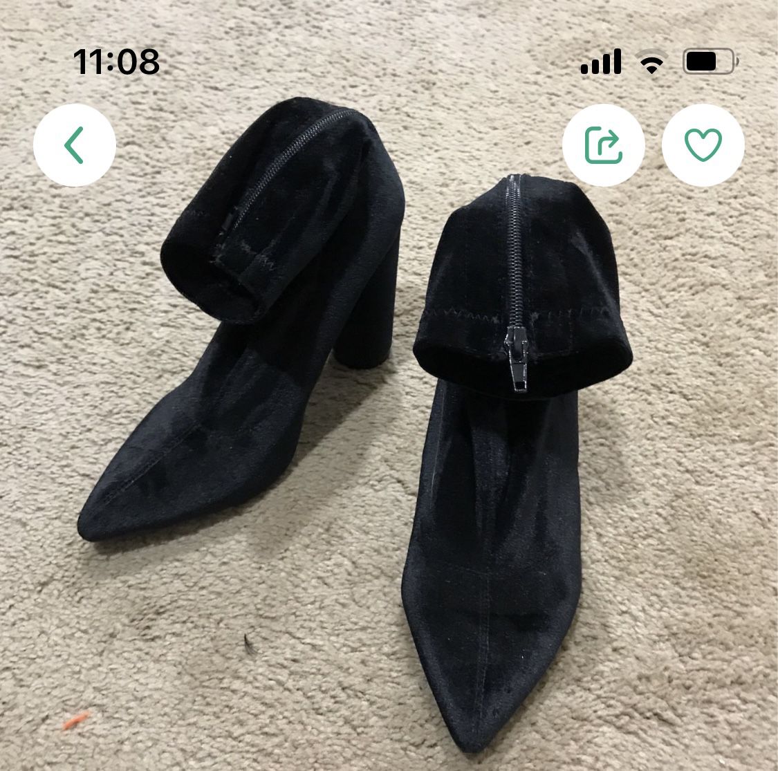 Cute Black Round Heel Velvet Boot Size 9 