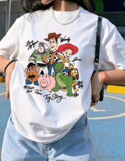 Disney Toy Story Cartoon Character Print T Shirt Women Buzz Woody Jessie Rex Hamm Mr Potato Head Slinky Dog Graphic 4X Casual Top