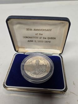 1973 Cook Islands $2 Silver Proof Coin, minted by the Franklin Mint to commemorate the 20th Anniversary of the Coronation of Queen Elizabeth II.